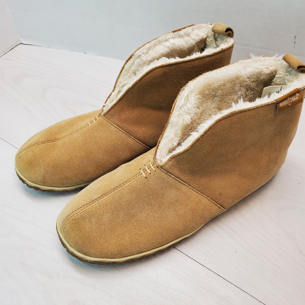 Minnetonka Women 11 Tan Suede Faux Fur Lined Ankle Bootie Slippers Cozycore Boho